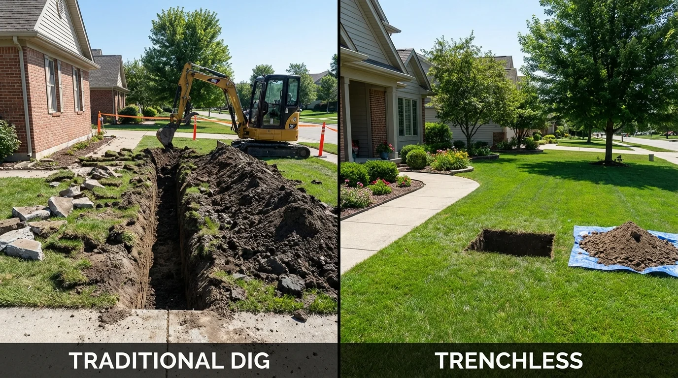 Trenchless sewer repair with minimal yard damage versus traditional excavation in Midway, KY